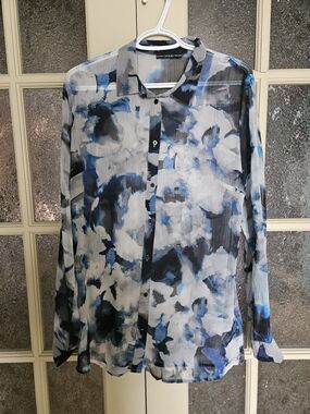 Guess Blue Black White Sheer Button-Up Blouse